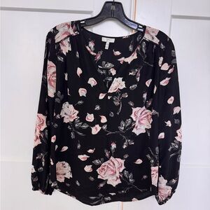 Joie Floral V-Neck Long Sleeve Silk Blouse XS - Black with Pink Roses